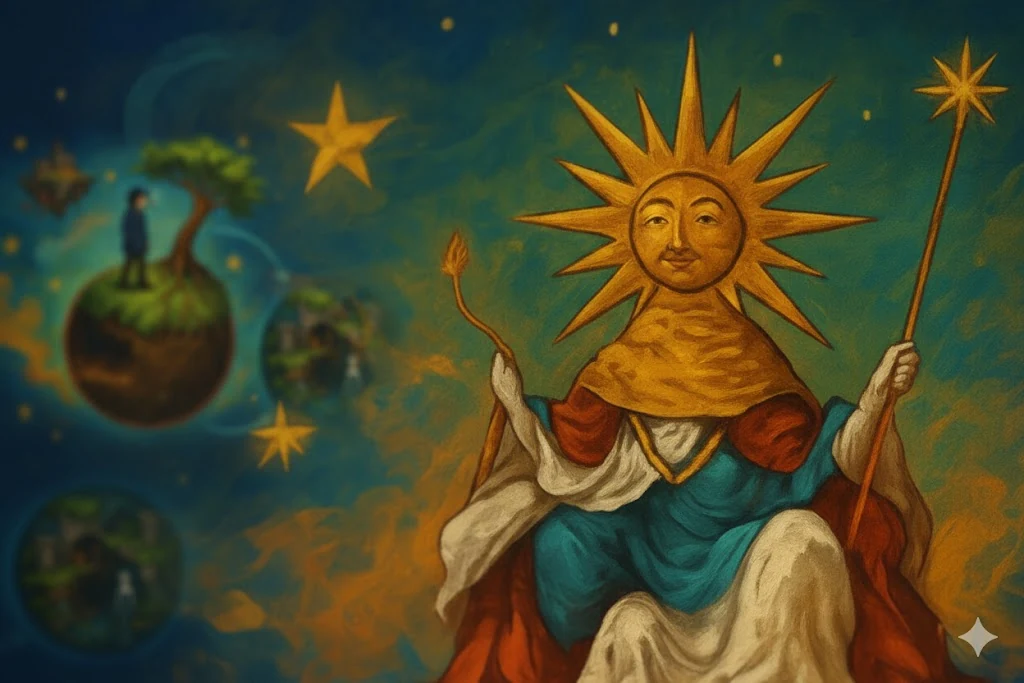 A celestial figure holding a star against a fantastical, star-filled sky